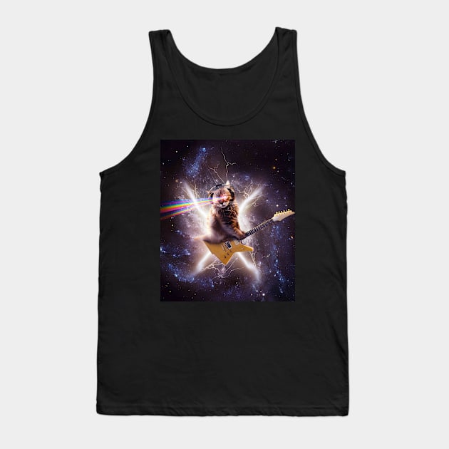 Laser Cat Riding Guitar In Outer Space Galaxy Lightning Tank Top by Random Galaxy